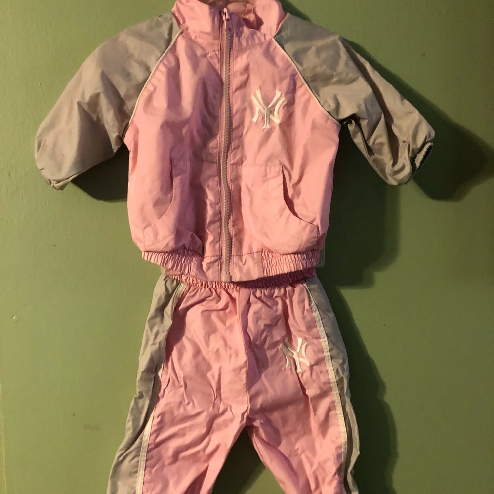 Pink NY Yankees wind suit jacket and pants set